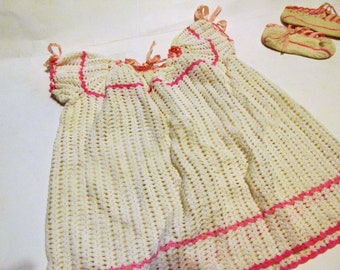 Infant Handmade Crochet Thread Dress and Booties, Doll Clothes