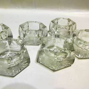 Salt Cellars Hexagon Clear Cut Glass with Etched Floral and Leaf Design, Set of 6