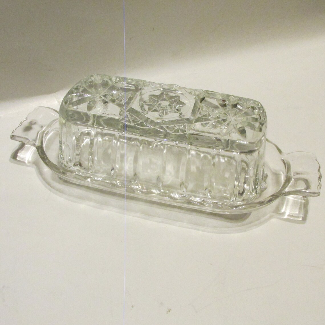 Pressed Cut Glass Crystal Lidded Butter Dish Starburst Star Etsy