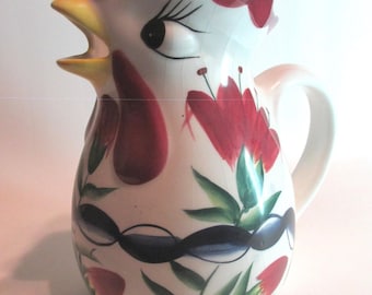 Farmhouse Kitchen, Hand Painted Rooster Pitcher, Serving, Crazing