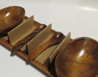 Mid-Century Serving Wooden Tray with 2 Oval Bowls and Spoons / NEW