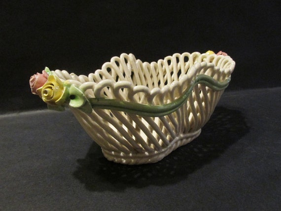 Italian Capodimonte Porcelain Woven Oval Basket with Roses