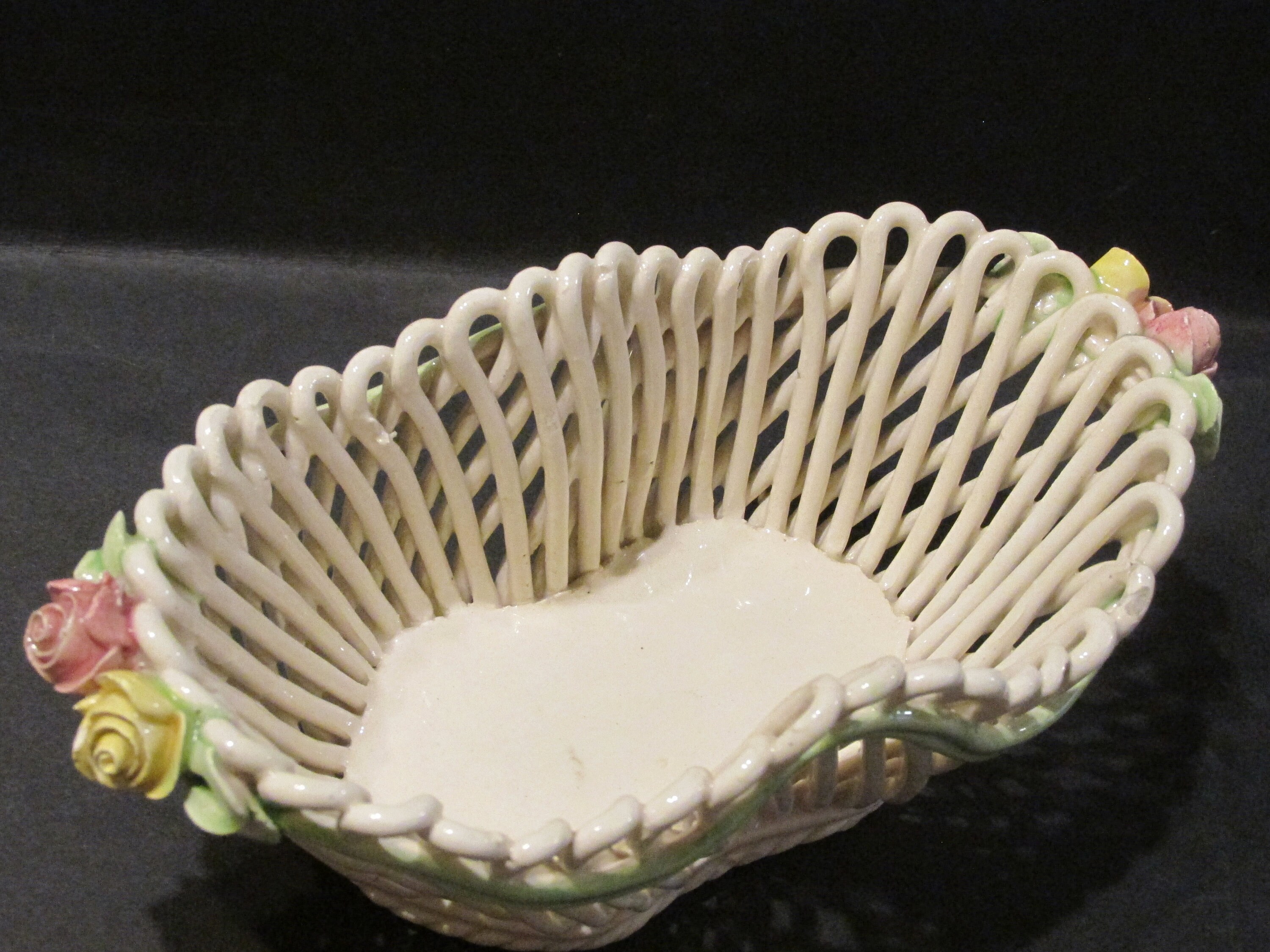 Italian Capodimonte Porcelain Woven Oval Basket with Roses