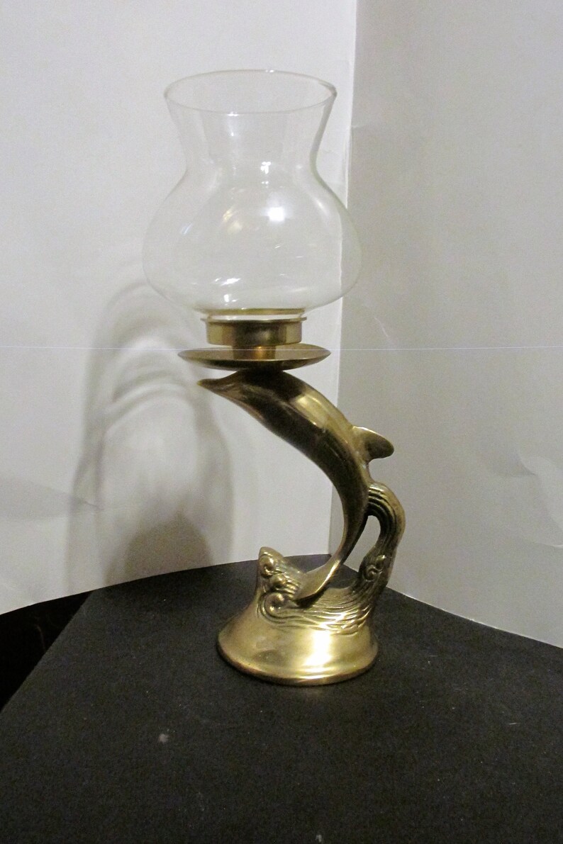 Brass Dolphin on Wave Hurricane Shade Candle Holder / Nautical Etsy