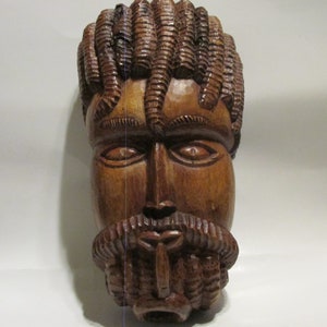 Carved Wooden Man with Dreads and Beard Wallhanging Mask out of Actual Tree Stump / Branch