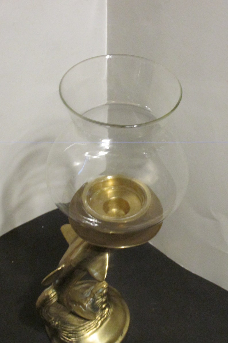 Brass Dolphin on Wave Hurricane Shade Candle Holder / Nautical Etsy