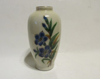 Hand Painted Flowers Bud Vase with Gold Trim and Crazing