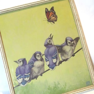 May include: A framed print of a yellow background with four blue jays and a butterfly. The birds are perched on a branch and the butterfly is flying above them.