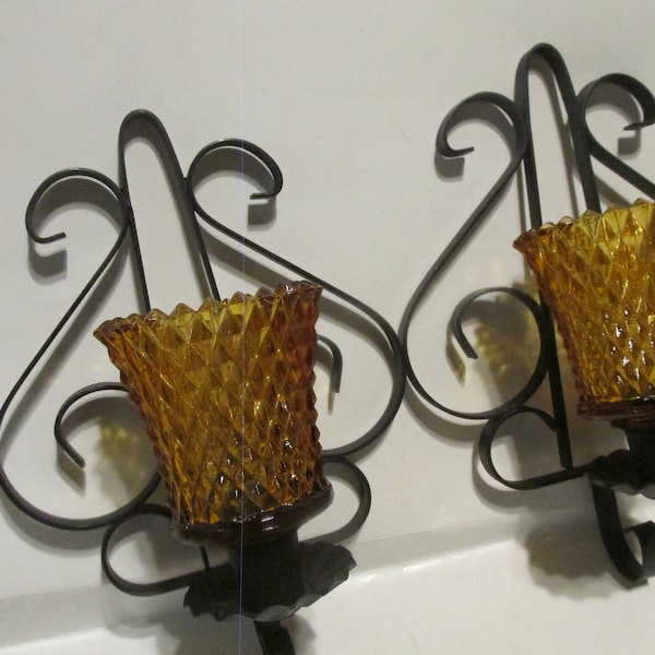 Amber Diamond Cut Glass and Wrought Iron Gothic Spanish Light Candle Wall Sconces