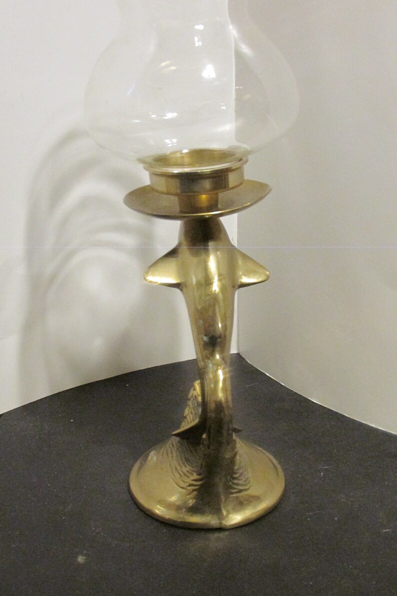Brass Dolphin on Wave Hurricane Shade Candle Holder / Nautical Etsy