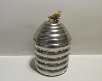 Beehive Farmhouse Kitchen Honey Jar, Pewter Glass Lined Honey Jar with Gold Bee on Top