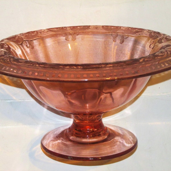 Depression Glass Pink Champagne Pedestal Bowl with Etched Cambridge Design