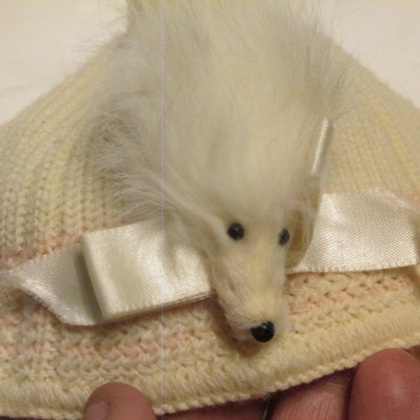 Antique Baby Bonnet with Fur White Wolf or Dog, Super Unique