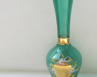 Bohemian Hand Painted Delicate Green Glass Bud Vase with Gold