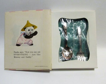 Rogers Silver Panda's Silver Friends, Story by 1847 Rogers Bros. Child's Story Box Book and Rogers Silver SEALED Spoon and Fork, RARE