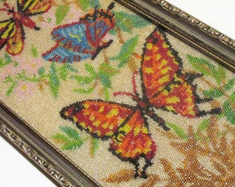 MCM Beaded Sparkle Butterfly Handmade Wall Art with Really NICE Mid-Century Frame with Glass