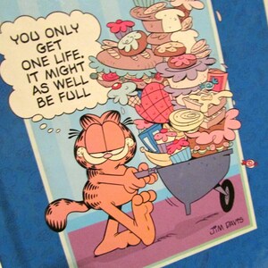 May include: A blue book cover featuring an orange Garfield cat pushing a wheelbarrow overflowing with various desserts and food items. A speech bubble above the cat contains the text: YOU ONLY GET ONE LIFE. IT MIGHT AS WELL BE FULL.