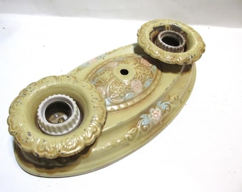 Lighting Art Deco Victorian Embossed Floral Motif Double Socket Ceiling Light Fixture, Original Paint