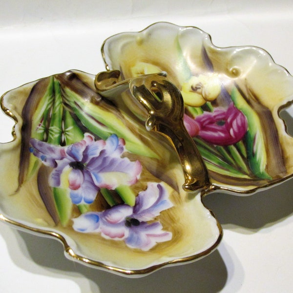 Fine Japanese Ceramic Hand Painted Tulips and Irises  Gold Trimmed Divided Trinket dish with Handle