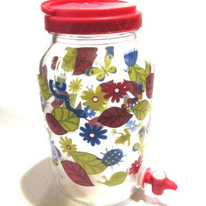 Sun Tea Glass Jug Dispenser, Colorful, Butterflies, Bugs, Leaves and Flowers, Picnic, Summer, Lemonade