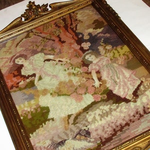 Victorian Antique Needlepoint w/ Ornate Frame, 3-D Done with Different Thickness Of Yarn,19th Century, NICE