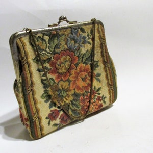 Vintage Petit Point, Needlepoint Tapestry Purse, Evening Purse with Gold Snake (slinky) Chain
