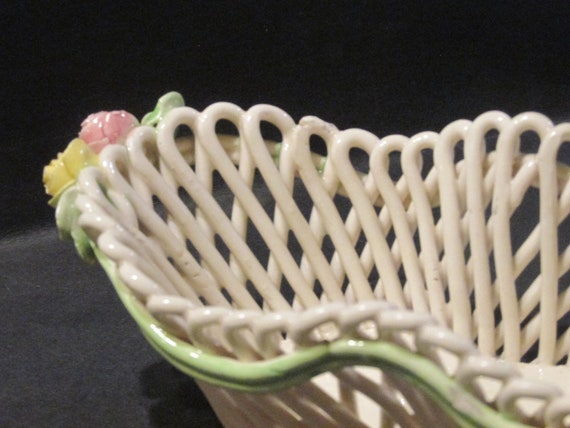 Italian Capodimonte Porcelain Woven Oval Basket with Roses