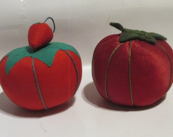 Vintage Sewing Tomato Pincushions, One Silk and One with Strawberry Emery