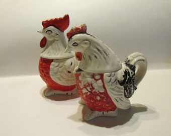 Farmhouse Rooster, Hen Hand Painted Creamer, Sugar, Salt and Pepper Set, Serving, Kitchen , Japan