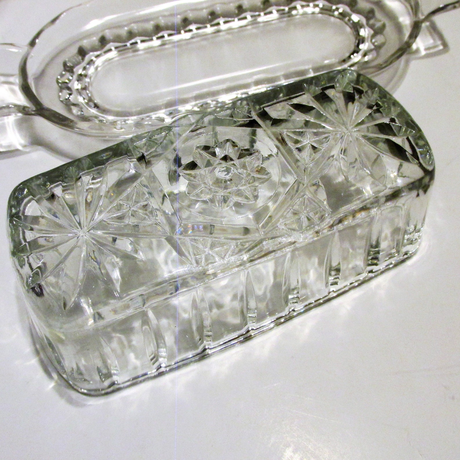 Pressed Cut Glass Crystal Lidded Butter Dish Starburst Star Etsy