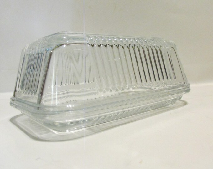 Pasabahce Clear Ribbed Glass Refrigerator / Butter Dish With Lid. 1940