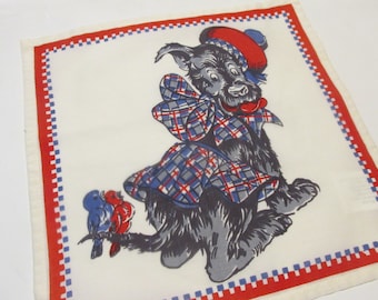 Childs Scottie Dog with Birds on his Tail and Beret Childs Vintage Handkerchief, NOS, Clean