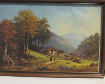 Framed Lithograph Swiss Alps, Mountains, Rural Scene, Chalet with Cattle, 1940's