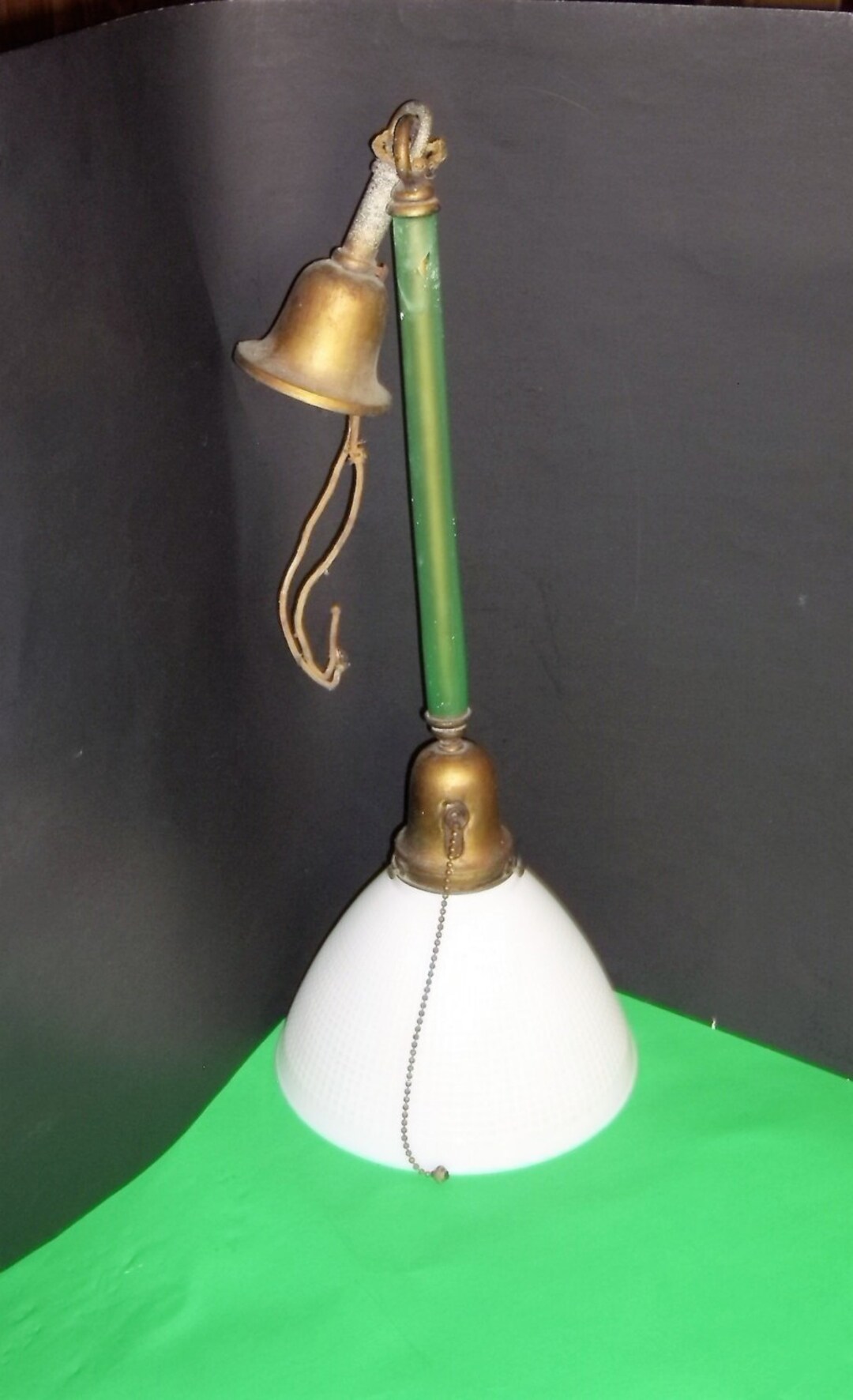 Antique Hanging Torchiere Lamp With Green Glass Rod and Brass Bell