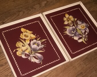 Mid-Century  Lilies and Daffodils on Deep Purple Background Framed Wall Art