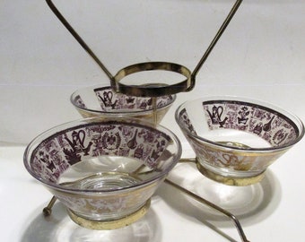 Mid-Century Serving Revolving Gold Gild Colonial Design Bowls Caddy, Nuts, Barware, Relish Bowls