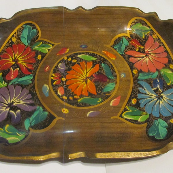 Mexican Large 19 Inch Batea Hand Painted Tole Folk Art Wooden Tray with Cut Out Handles
