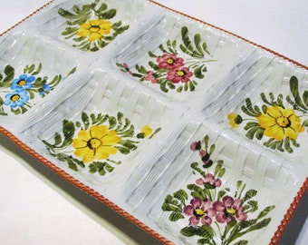 Italian Hand Painted Large Serving Tray with 6 Compartments, White Woven Basket Design with Hand Painted Flowers