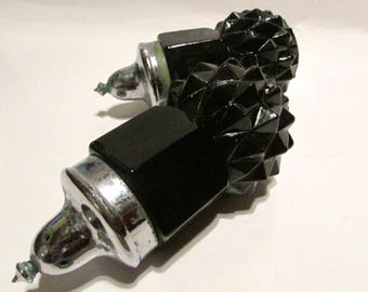 Indiana Black Glass MCM Diamond Point Salt and Pepper Shakers with Chrome Tops / Serving