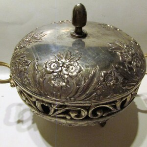 Silver Plated Gold Brass Footed Very Ornate Candy Dish, Bowl with Lid