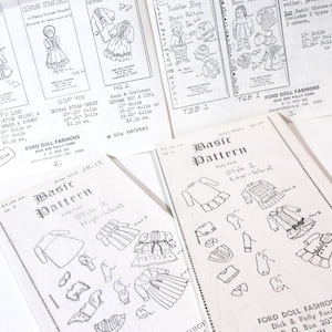 May include: A collection of vintage doll clothing patterns from Ford Doll Fashions. The black and white printed patterns feature illustrations of dresses, bonnets, and other doll outfits. The patterns are on aged paper.