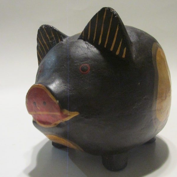 Primitive, Folk Art, Wooden Hand Carved and Painted Piggy Bank