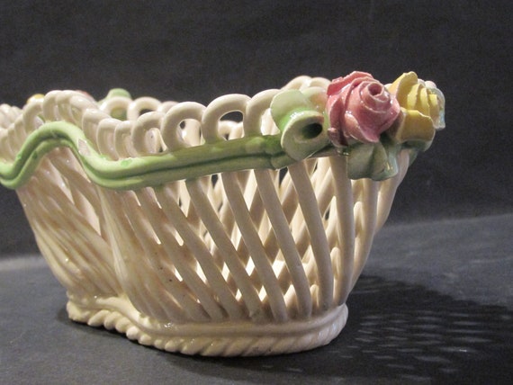 Italian Capodimonte Porcelain Woven Oval Basket with Roses