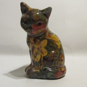 Cat Floral Design Fabric Glazed Ceramic Cat Figurine