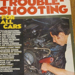 May include: A book cover with the title "Basic Automotive Trouble-Shooting for All Cars". The cover features a photo of a person working on a car engine with tools.