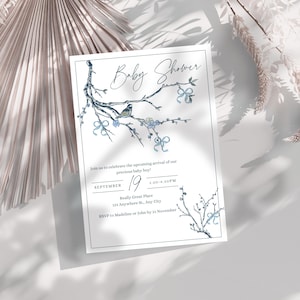 Elegante digitale Einladung Junge Dusche Vorlage, Chinoiserie Art Design für Neugeborene Ankündigung, benutzerdefiniertes Vogel Thema Kinderzimmer Geschenk