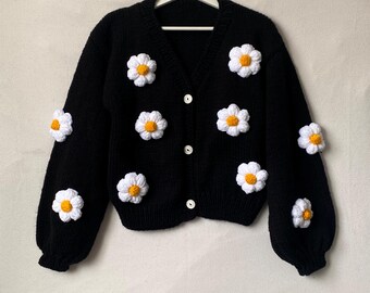 Black Knit Cardigan with Crochet Daisies – Handmade Floral Sweater