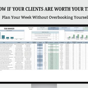 Puede incluir: Un monitor de computadora muestra una hoja de cálculo de gestión de tareas con el texto "KNOW IF YOUR CLIENTS ARE WORTH YOUR TIME" y "Planifique su semana sin sobrecargarse". La hoja de cálculo incluye gráficos y tablas de datos.