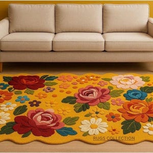Alfombra floral llamativa: vibrante alfombra botánica tejida a mano, decoración de suelo con estampado de flores grandes, regalo de decoración para el hogar para ella/inauguración de la casa.