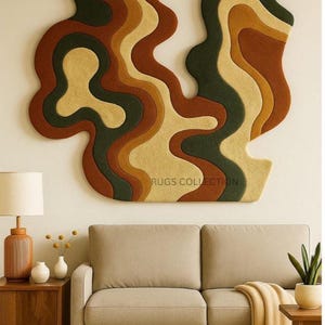 Modern Wall Rug – Abstract Sculptural Hand Tufted Wool Art in Organic Shape, 3D Textured Fiber Art for Living Room or Entryway Rug, 5x7 Rug